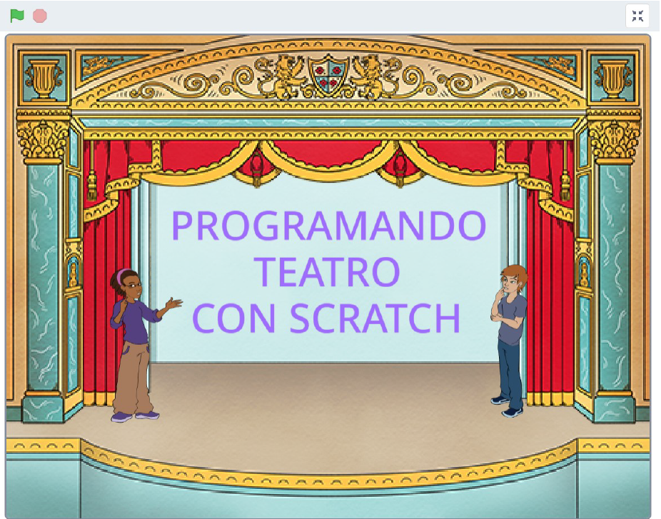 Captura da portada da Secuencia: Programando Teatro con Scratch. Dúas personaxes diante dun telón de teatro